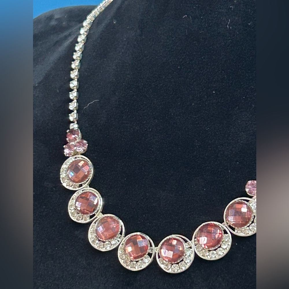 Vintage Christine Collection Pink White Rhinestone Silver Toned Fashion Necklace - Picture 5 of 10